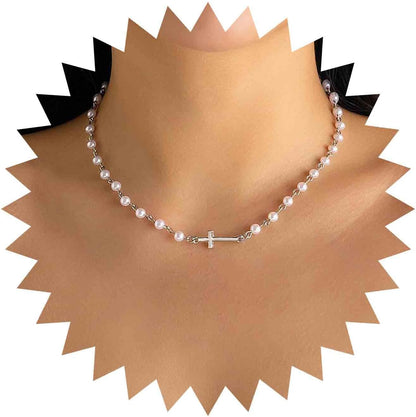 CZTICLE® Perlen-Choker-Halskette Gold-Perlen-Halskette Choker Vintage-Kreuz-Kruzifix-Halskette Minimalistische Perlen-Kreuz-Halskette Schmuck für Frauen