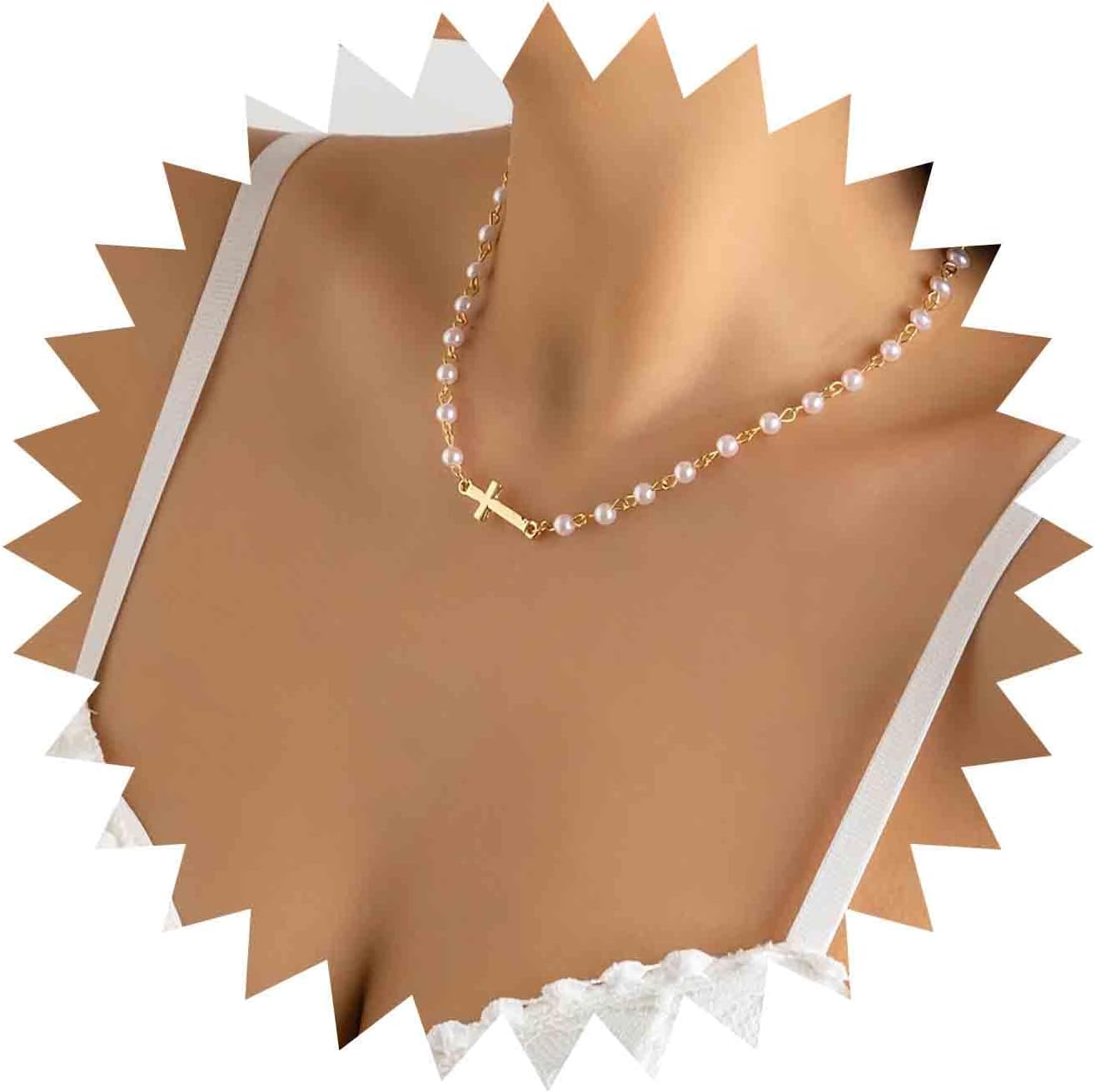 CZTICLE® Perlen-Choker-Halskette Gold-Perlen-Halskette Choker Vintage-Kreuz-Kruzifix-Halskette Minimalistische Perlen-Kreuz-Halskette Schmuck für Frauen