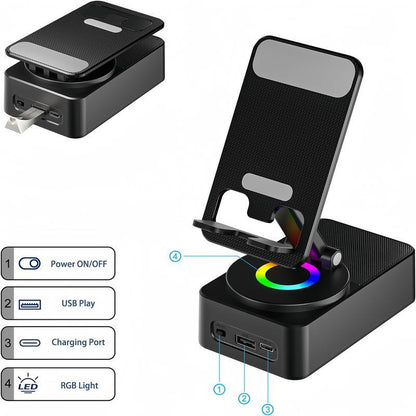 Drahtloser Bluetooth-Lautsprecher 5in1 mit Handyhalterung📲🤳🏻Cilifer® Notfall-Akku mit farbigem Umgebungslicht, 300° faltbar für Tablets, iPhones und Android-Geräte, Geschenkidee für Männer und Frauen, schwarz📲M2